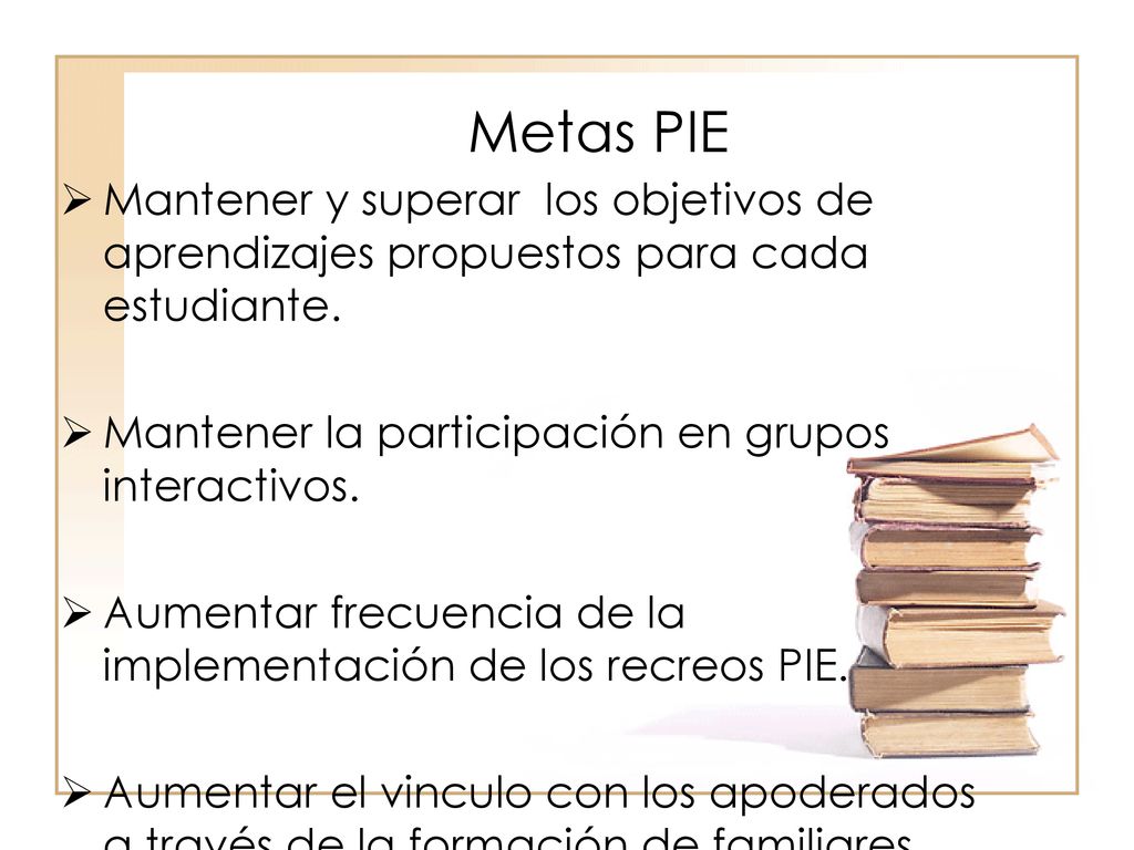 Metas PIE Mantener y superar los objetivos de aprendizajes propuestos para cada estudiante. Mantener la participación en grupos interactivos.