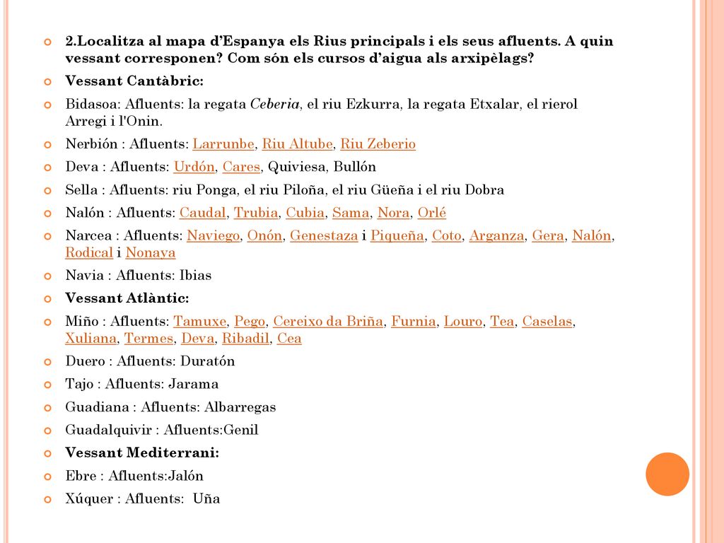 2. Localitza al mapa d’Espanya els Rius principals i els seus afluents