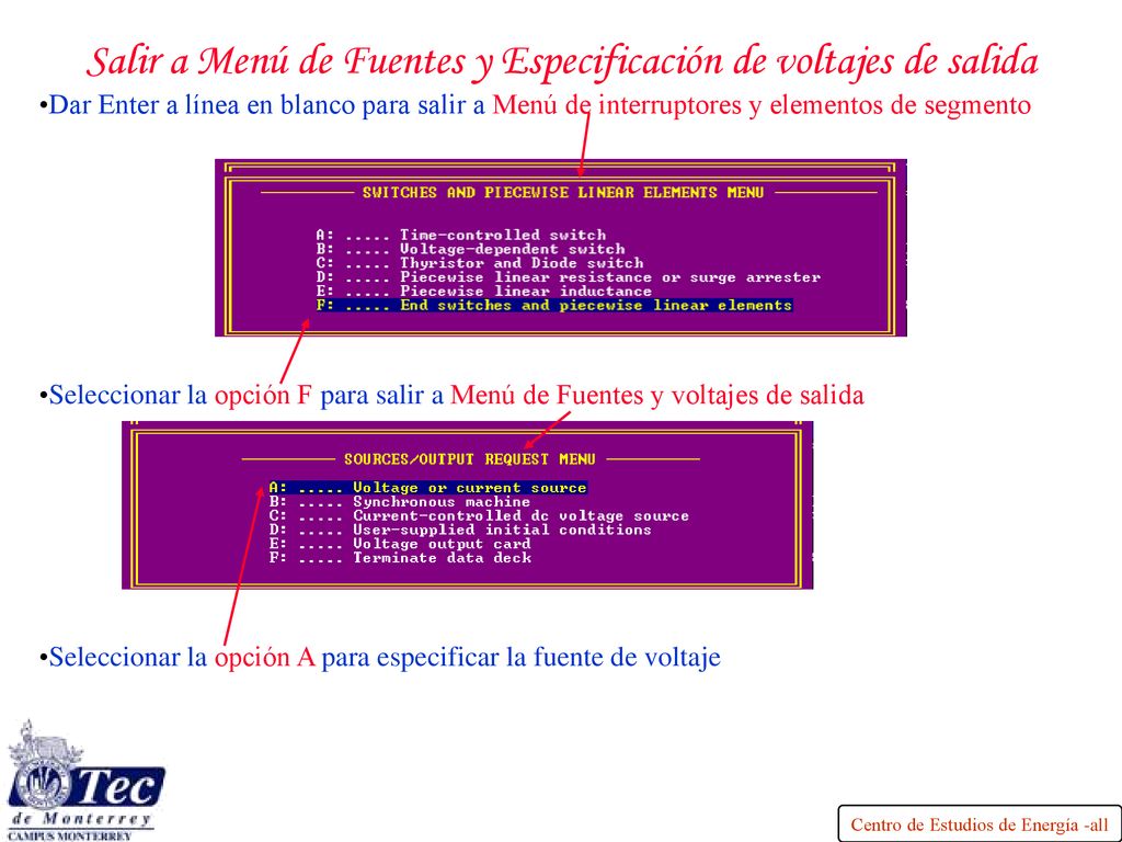 Salir a Menú de Fuentes y Especificación de voltajes de salida