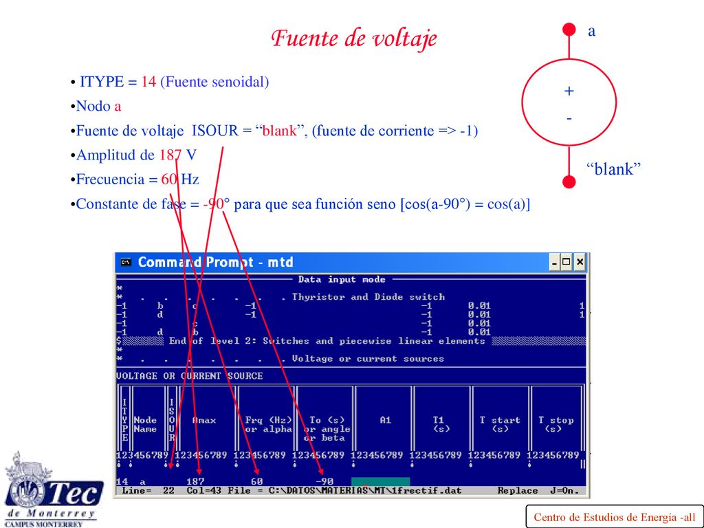 Fuente de voltaje a + - blank ITYPE = 14 (Fuente senoidal) Nodo a