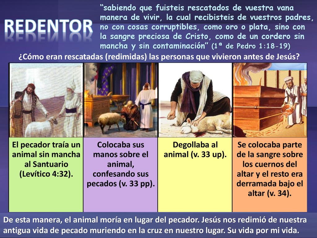 sabiendo que fuisteis rescatados de vuestra vana manera de vivir, la cual recibisteis de vuestros padres, no con cosas corruptibles, como oro o plata, sino con la sangre preciosa de Cristo, como de un cordero sin mancha y sin contaminación (1ª de Pedro 1:18-19)