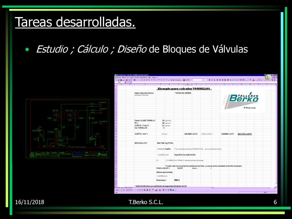 Tareas desarrolladas. Estudio ; Cálculo ; Diseño de Bloques de Válvulas 16/11/2018 T.Berko S.C.L.