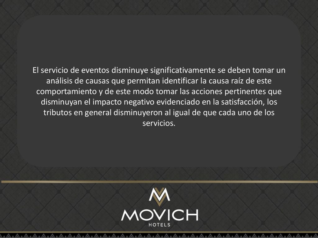 El servicio de eventos disminuye significativamente se deben tomar un análisis de causas que permitan identificar la causa raíz de este comportamiento y de este modo tomar las acciones pertinentes que disminuyan el impacto negativo evidenciado en la satisfacción, los tributos en general disminuyeron al igual de que cada uno de los servicios.