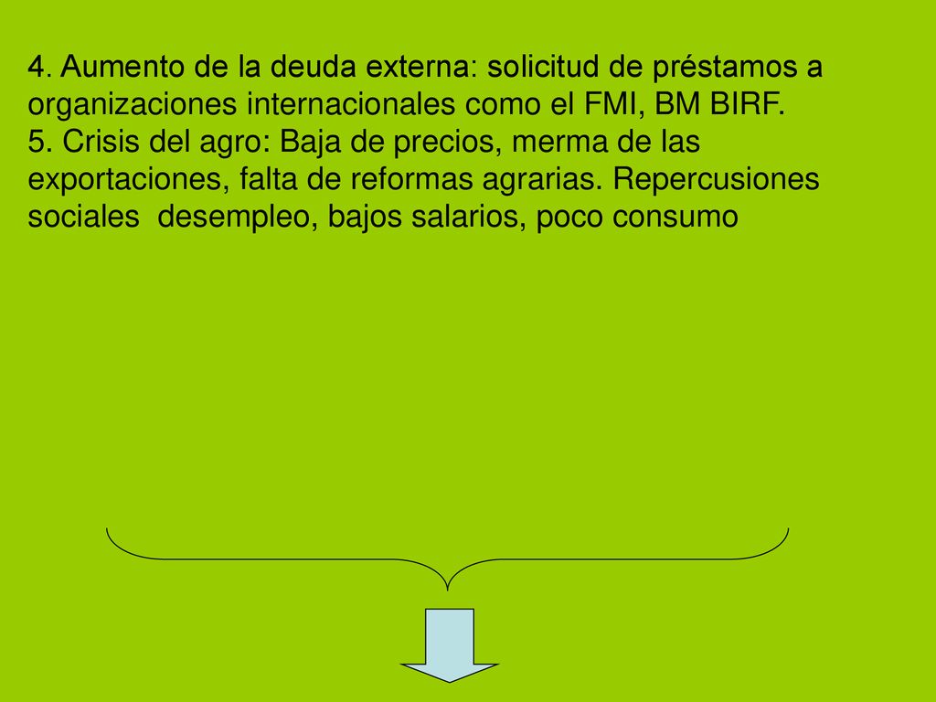 4. Aumento de la deuda externa: solicitud de préstamos a organizaciones internacionales como el FMI, BM BIRF.