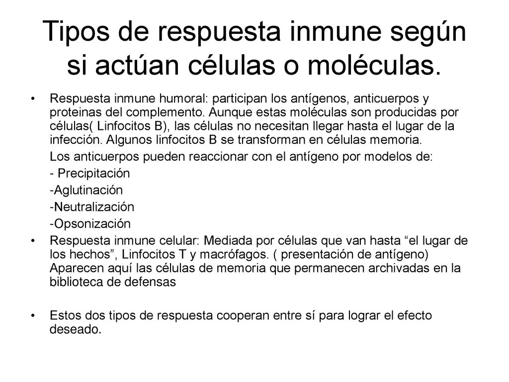 Tipos de respuesta inmune según si actúan células o moléculas.