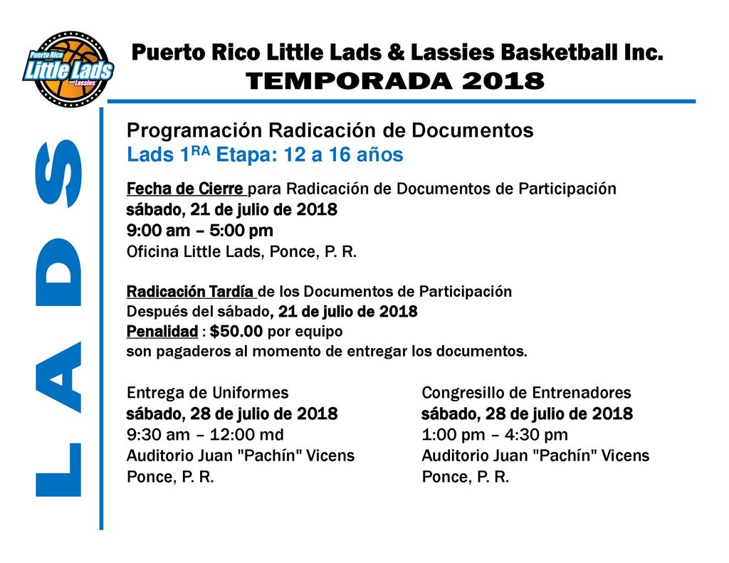 Programación Radicación de Documentos Lads 1RA Etapa: 12 a 16 años