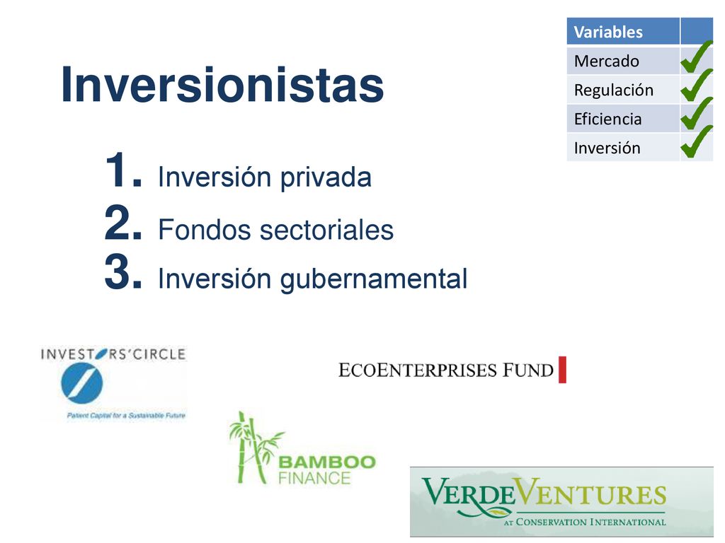 3. Inversión gubernamental 1. Inversión privada 2. Fondos sectoriales