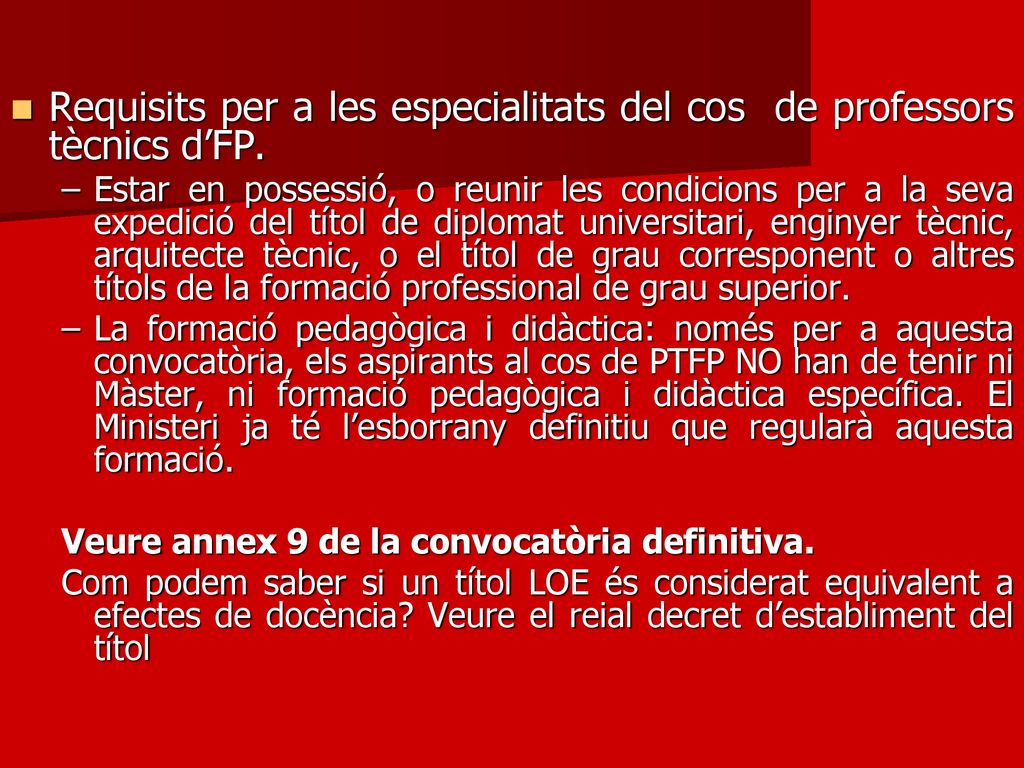 Requisits per a les especialitats del cos de professors tècnics d’FP.