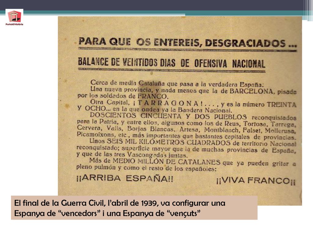 El final de la Guerra Civil, l’abril de 1939, va configurar una Espanya de vencedors i una Espanya de vençuts