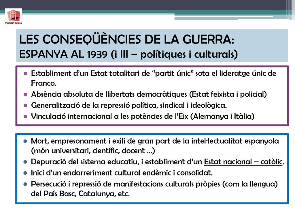 LES CONSEQÜÈNCIES DE LA GUERRA: ESPANYA AL 1939 (i III – polítiques i culturals)