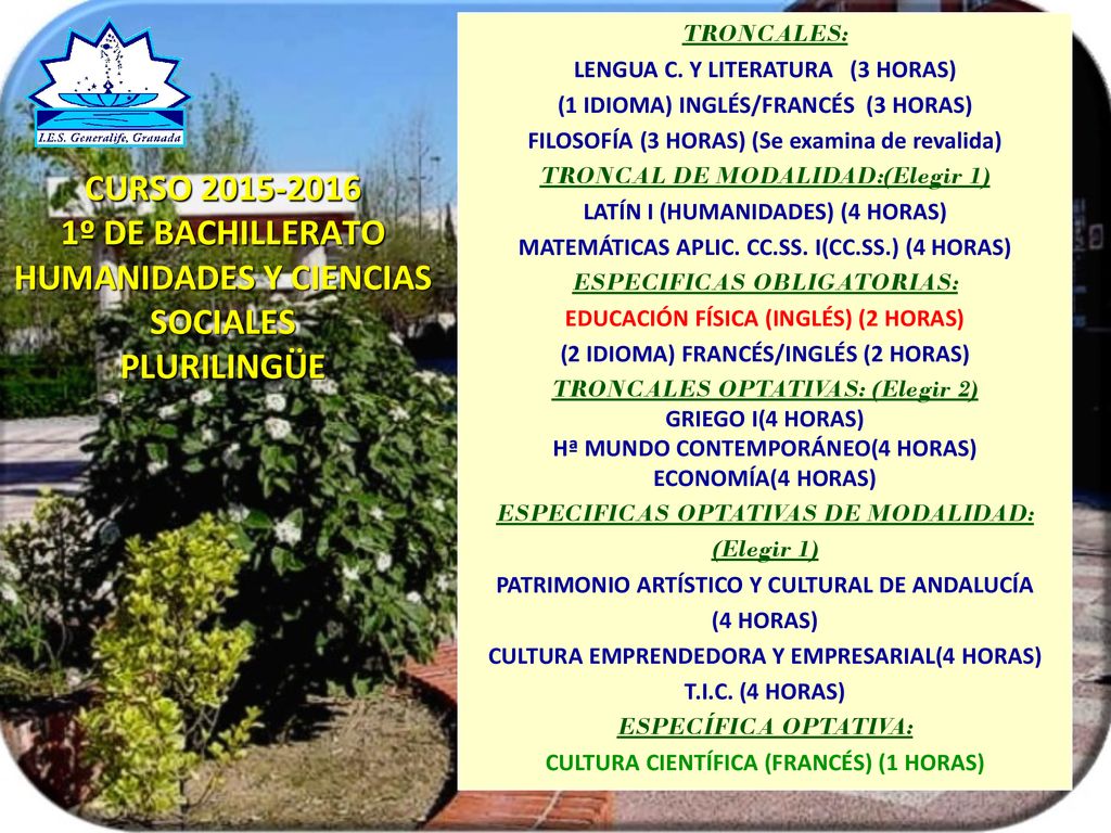 TRONCALES: LENGUA C. Y LITERATURA (3 HORAS) (1 IDIOMA) INGLÉS/FRANCÉS (3 HORAS) FILOSOFÍA (3 HORAS) (Se examina de revalida)