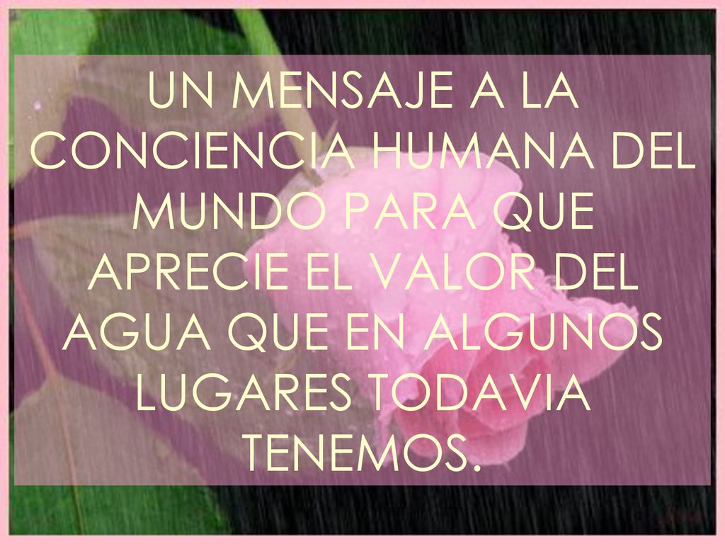 UN MENSAJE A LA CONCIENCIA HUMANA DEL MUNDO PARA QUE APRECIE EL VALOR DEL AGUA QUE EN ALGUNOS LUGARES TODAVIA TENEMOS.
