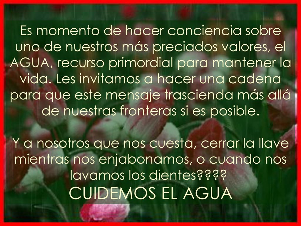 Es momento de hacer conciencia sobre uno de nuestros más preciados valores, el AGUA, recurso primordial para mantener la vida. Les invitamos a hacer una cadena para que este mensaje trascienda más allá de nuestras fronteras si es posible.