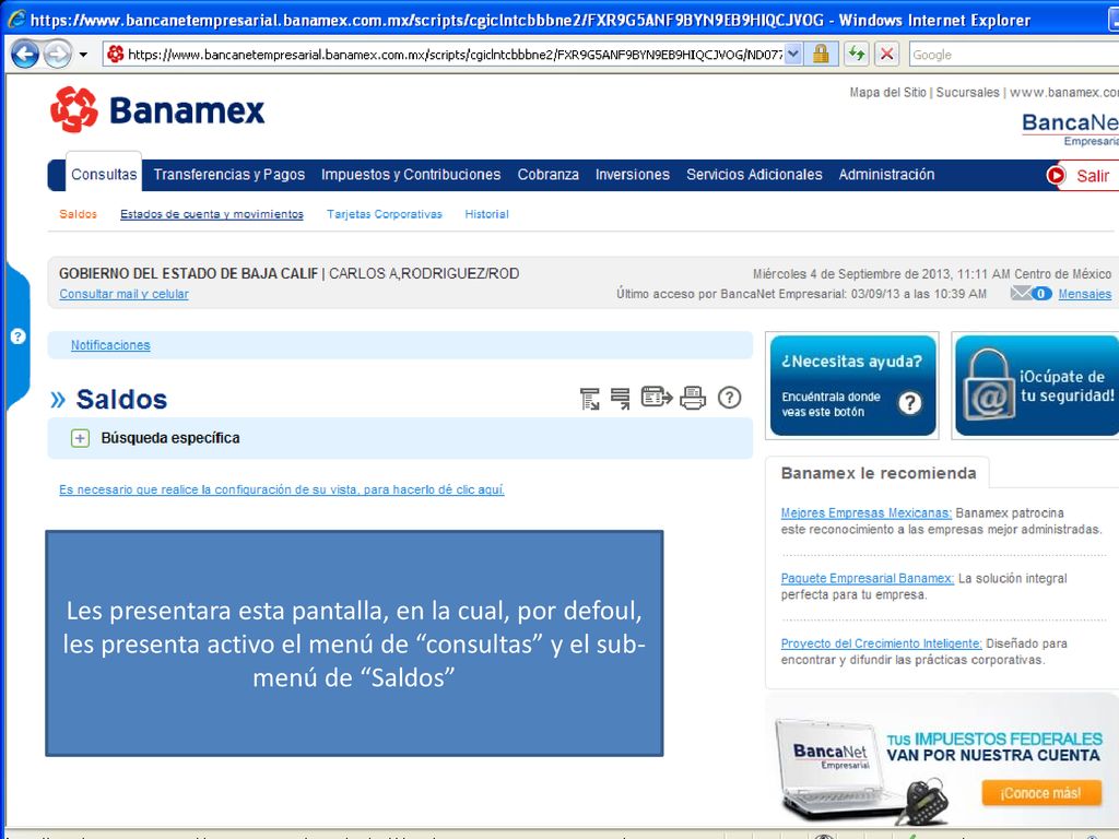 Les presentara esta pantalla, en la cual, por defoul, les presenta activo el menú de consultas y el sub-menú de Saldos