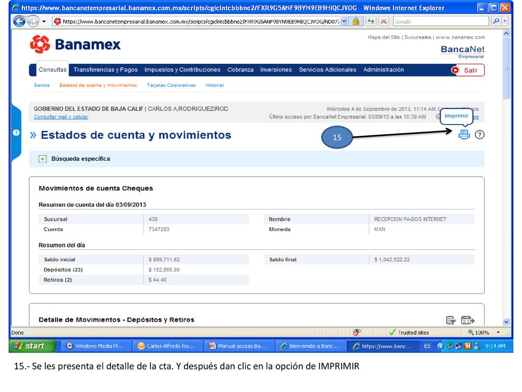 Se les presenta el detalle de la cta. Y después dan clic en la opción de IMPRIMIR