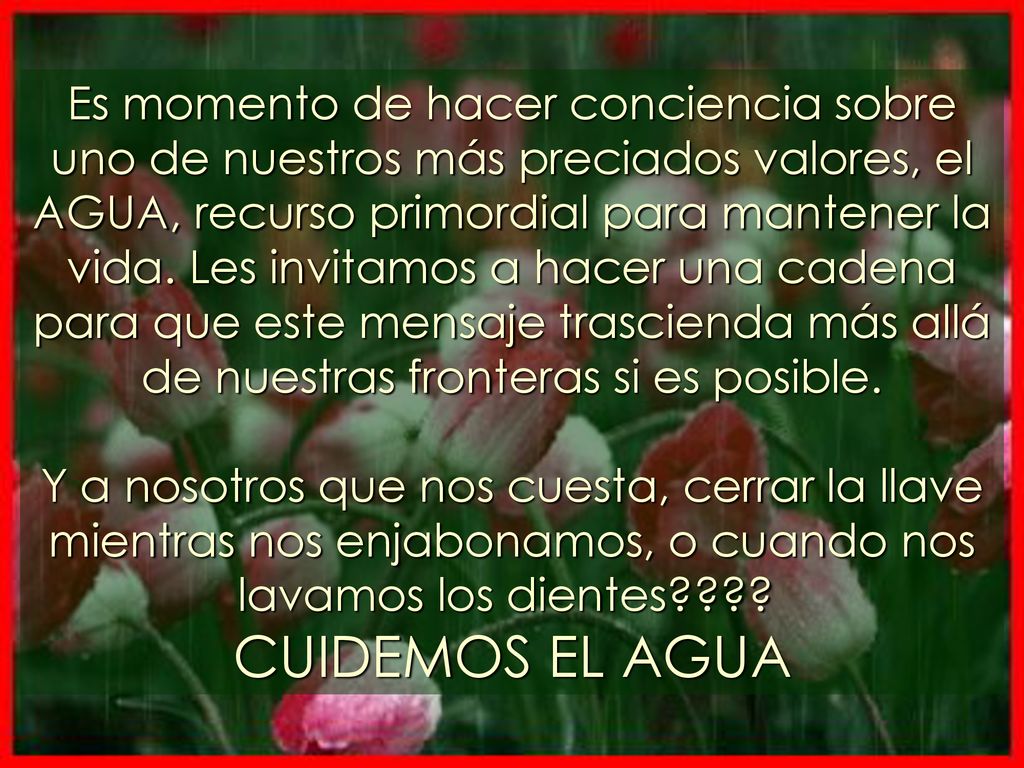 Es momento de hacer conciencia sobre uno de nuestros más preciados valores, el AGUA, recurso primordial para mantener la vida. Les invitamos a hacer una cadena para que este mensaje trascienda más allá de nuestras fronteras si es posible.