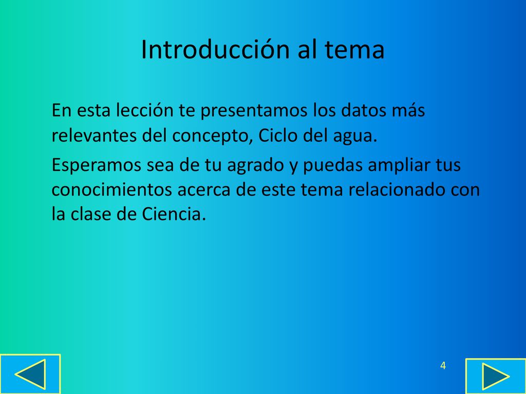 Introducción al tema En esta lección te presentamos los datos más relevantes del concepto, Ciclo del agua.