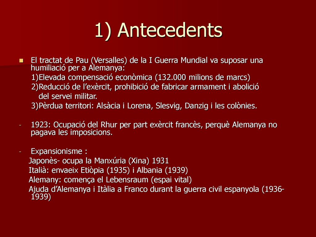 1) Antecedents El tractat de Pau (Versalles) de la I Guerra Mundial va suposar una humiliació per a Alemanya: