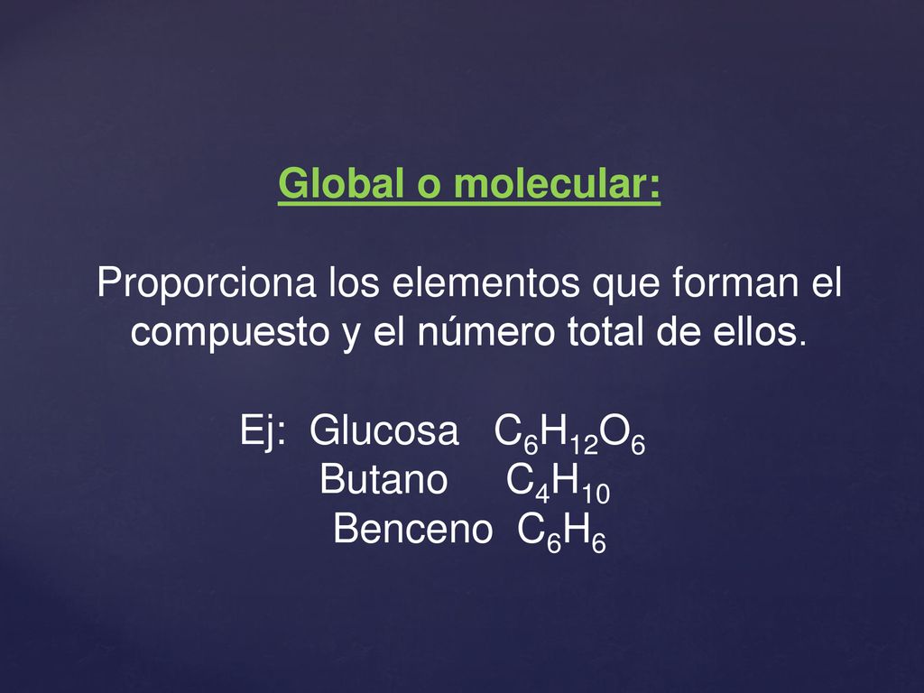 Global o molecular: Proporciona los elementos que forman el compuesto y el número total de ellos. Ej: Glucosa C6H12O6.