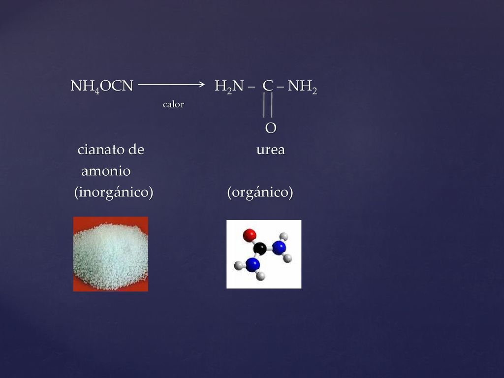 NH4OCN H2N – C – NH2 calor O cianato de urea amonio (inorgánico) (orgánico)