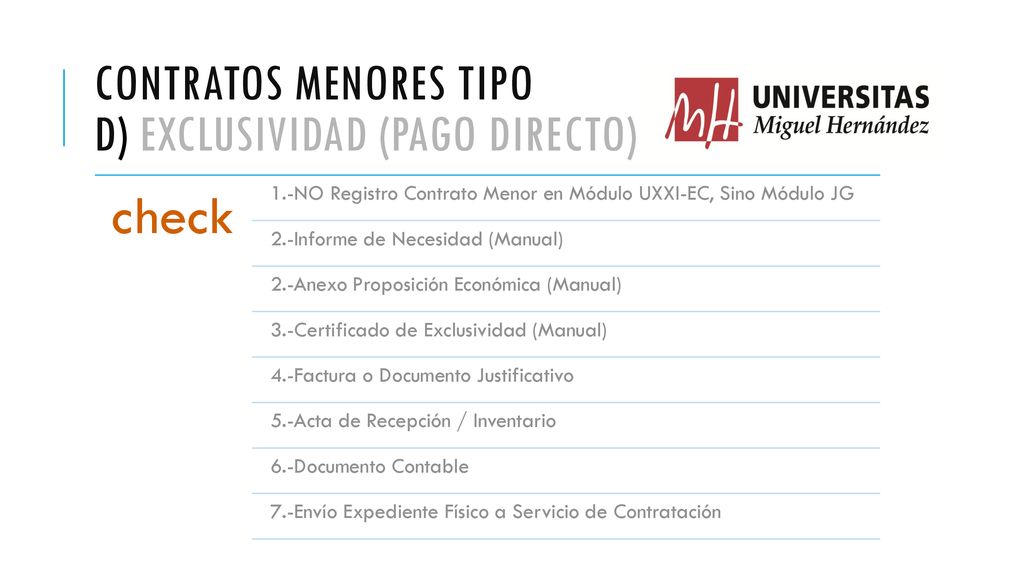 Contratos menores tipo D) Exclusividad (Pago Directo)