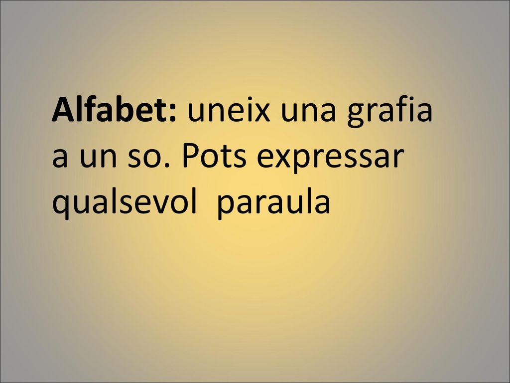 Alfabet: uneix una grafia a un so. Pots expressar qualsevol paraula