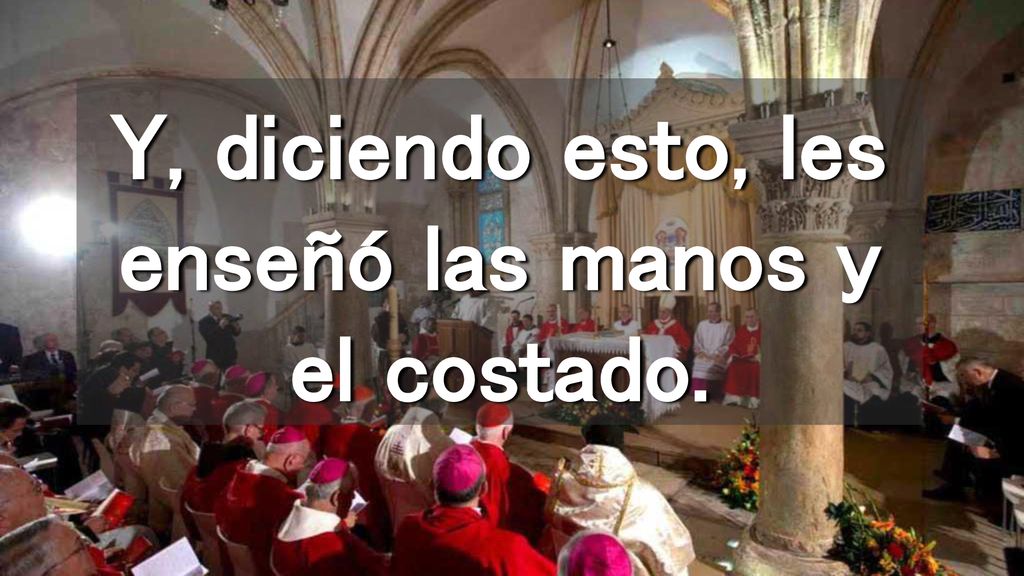 Y, diciendo esto, les enseñó las manos y el costado.