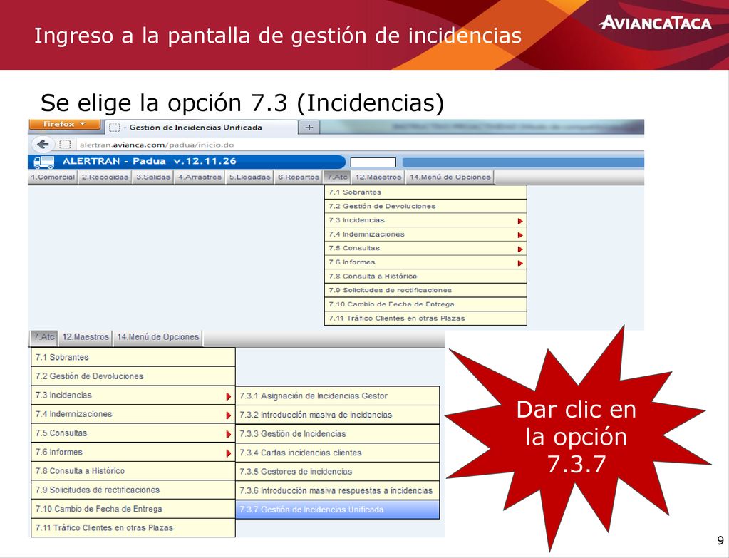Ingreso a la pantalla de gestión de incidencias