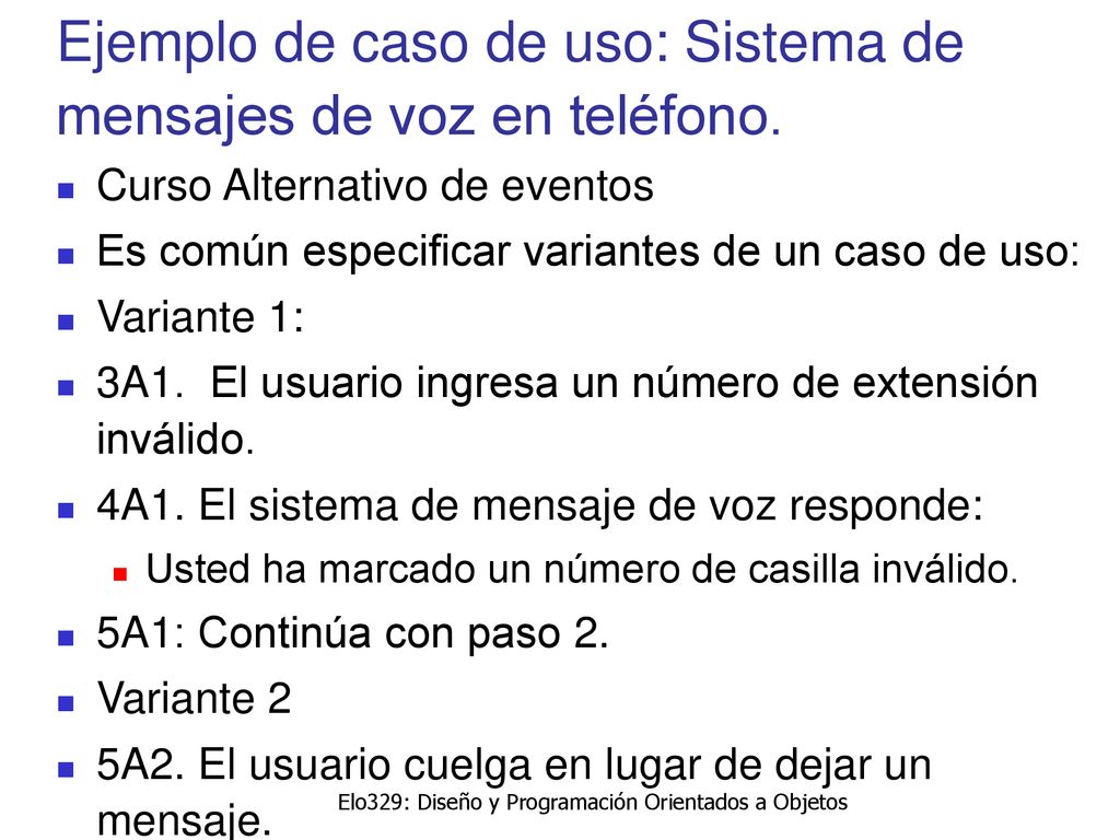 Ejemplo de caso de uso: Sistema de mensajes de voz en teléfono.