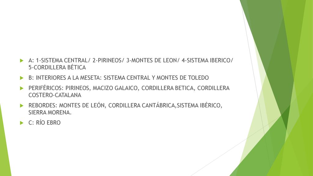 A: 1-SISTEMA CENTRAL/ 2-PIRINEOS/ 3-MONTES DE LEON/ 4-SISTEMA IBERICO/ 5-CORDILLERA BÉTICA
