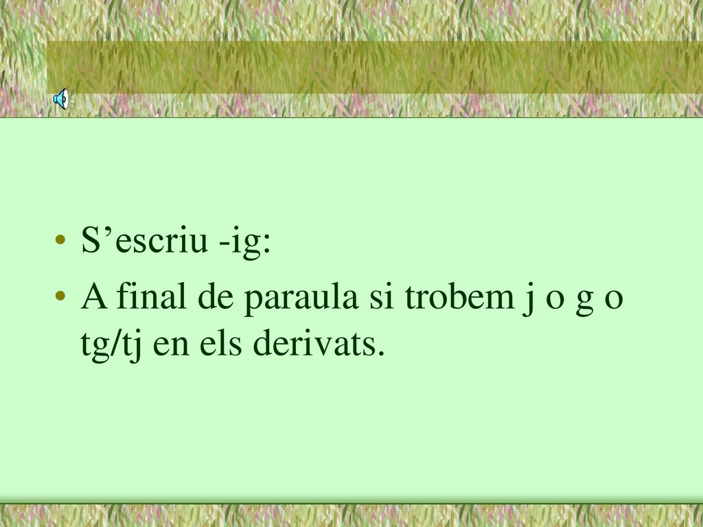 S’escriu -ig: A final de paraula si trobem j o g o tg/tj en els derivats.