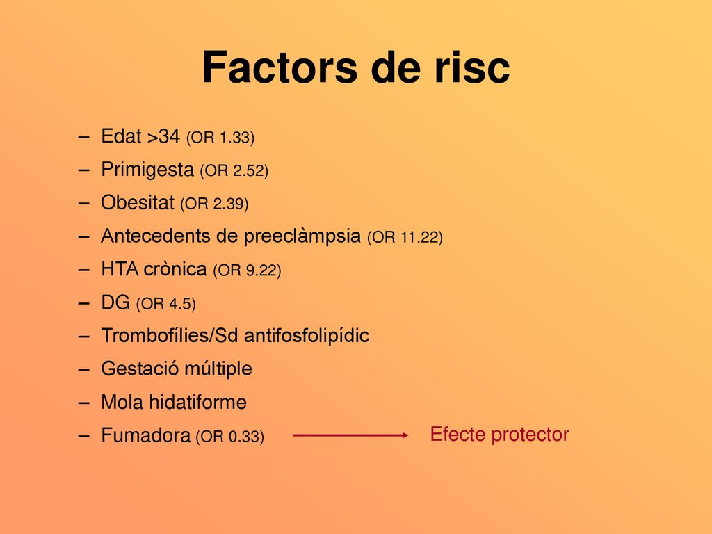 Factors de risc Edat >34 (OR 1.33) Primigesta (OR 2.52)