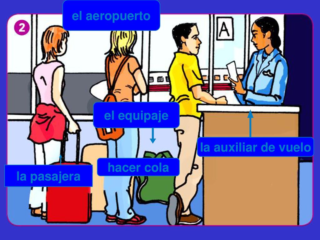 el aeropuerto el equipaje la auxiliar de vuelo la pasajera hacer cola
