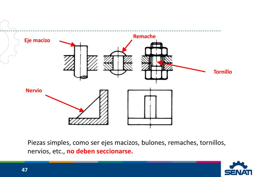 Remache Eje macizo. Tornillo. Nervio. Piezas simples, como ser ejes macizos, bulones, remaches, tornillos, nervios, etc., no deben seccionarse.