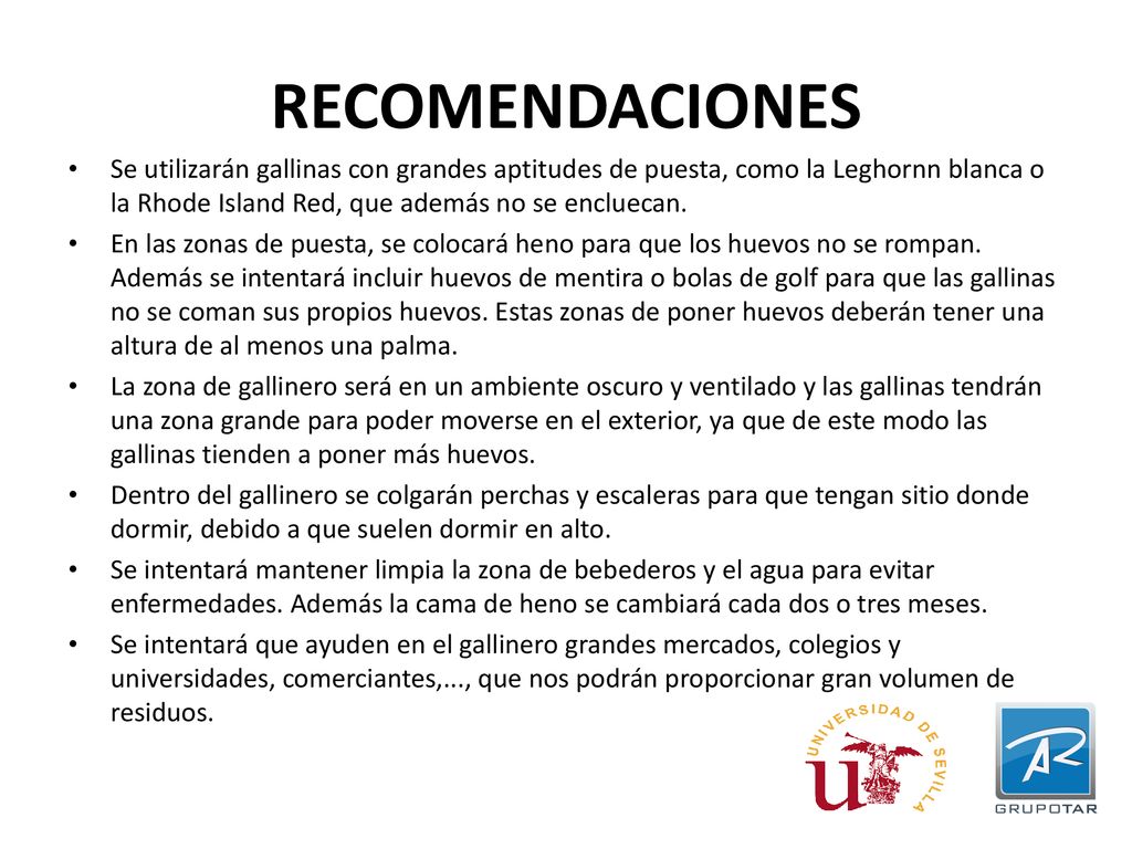 RECOMENDACIONES Se utilizarán gallinas con grandes aptitudes de puesta, como la Leghornn blanca o la Rhode Island Red, que además no se encluecan.