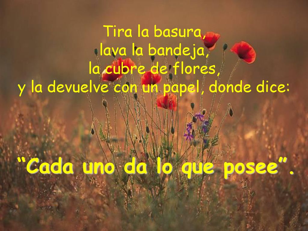 Tira la basura, lava la bandeja, la cubre de flores, y la devuelve con un papel, donde dice: Cada uno da lo que posee .