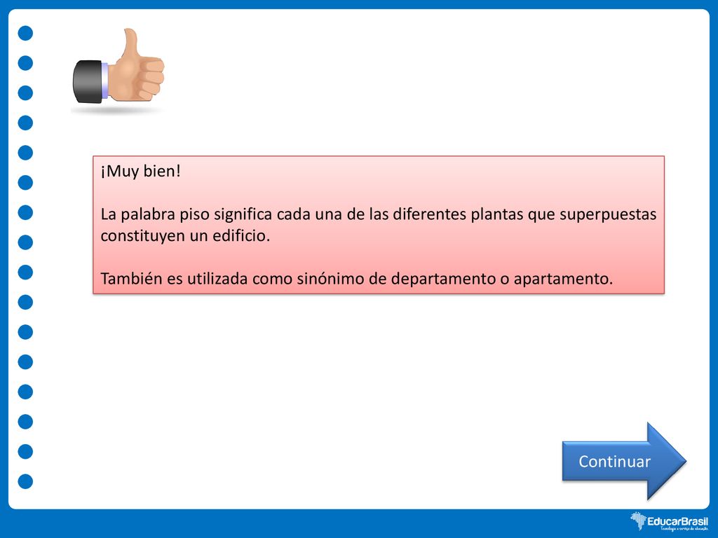 ¡Muy bien! La palabra piso significa cada una de las diferentes plantas que superpuestas constituyen un edificio.