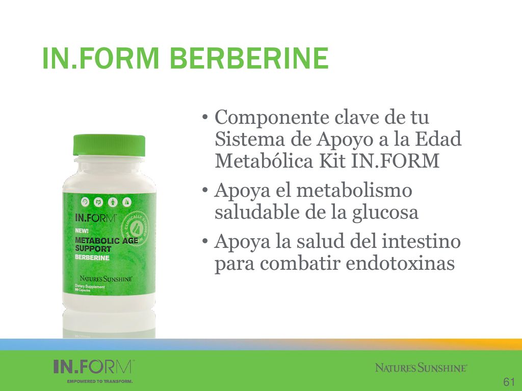 IN.FORM BERBERINE Componente clave de tu Sistema de Apoyo a la Edad Metabólica Kit IN.FORM. Apoya el metabolismo saludable de la glucosa.