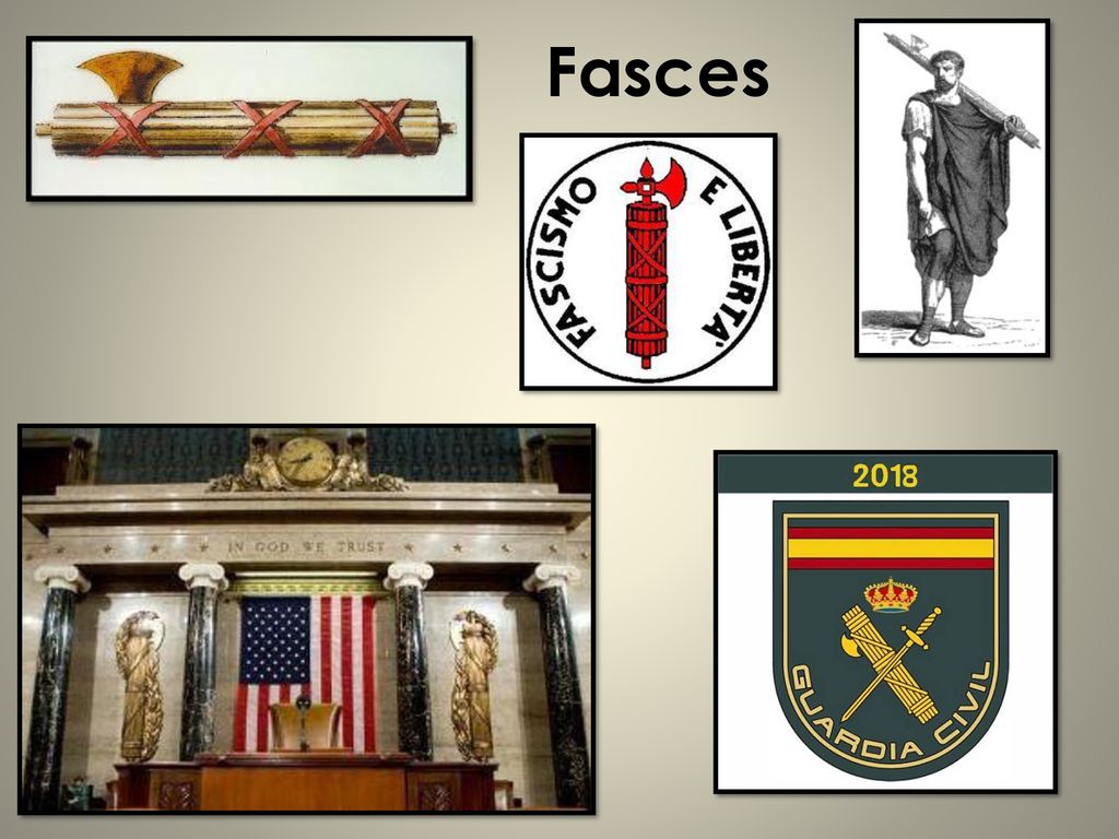 Fasces Fasces haz de treinta varas atadas que recuerdan a las treinta tribus de Roma.