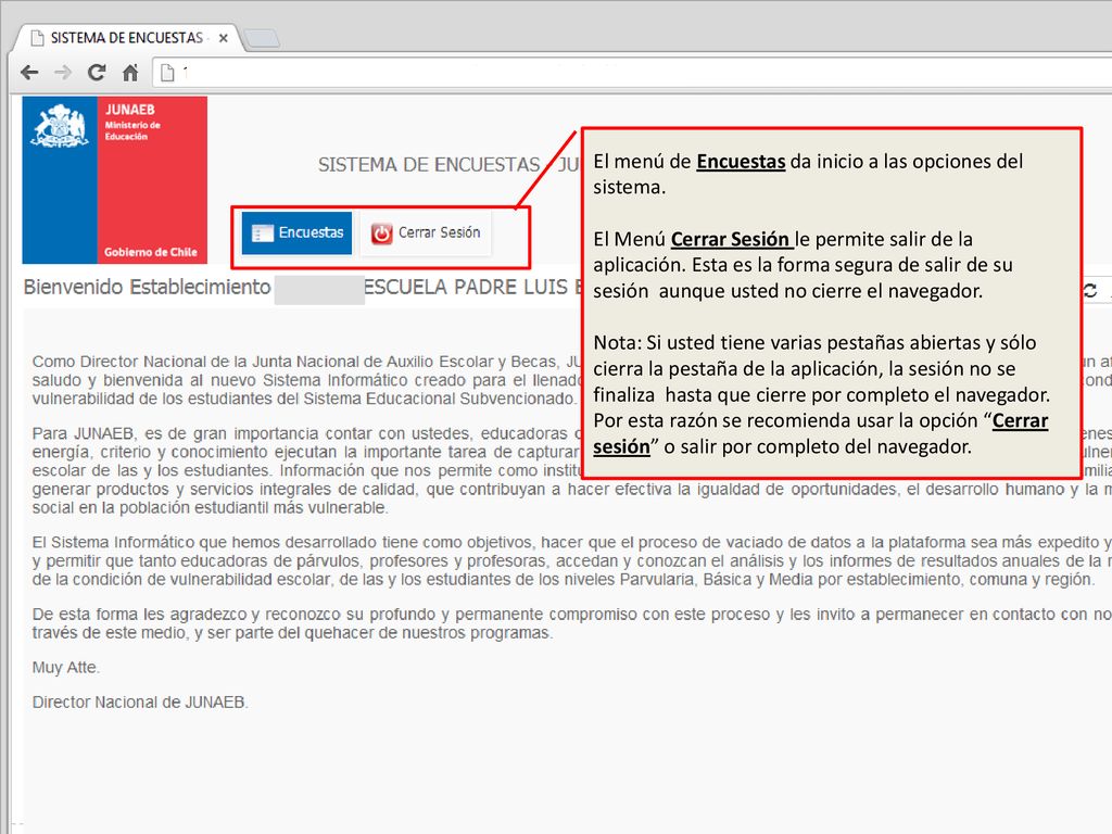 El menú de Encuestas da inicio a las opciones del sistema.