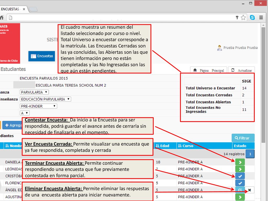 El cuadro muestra un resumen del listado seleccionado por curso o nivel.