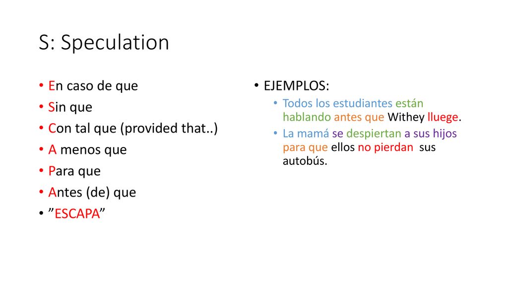 S: Speculation En caso de que EJEMPLOS: Sin que