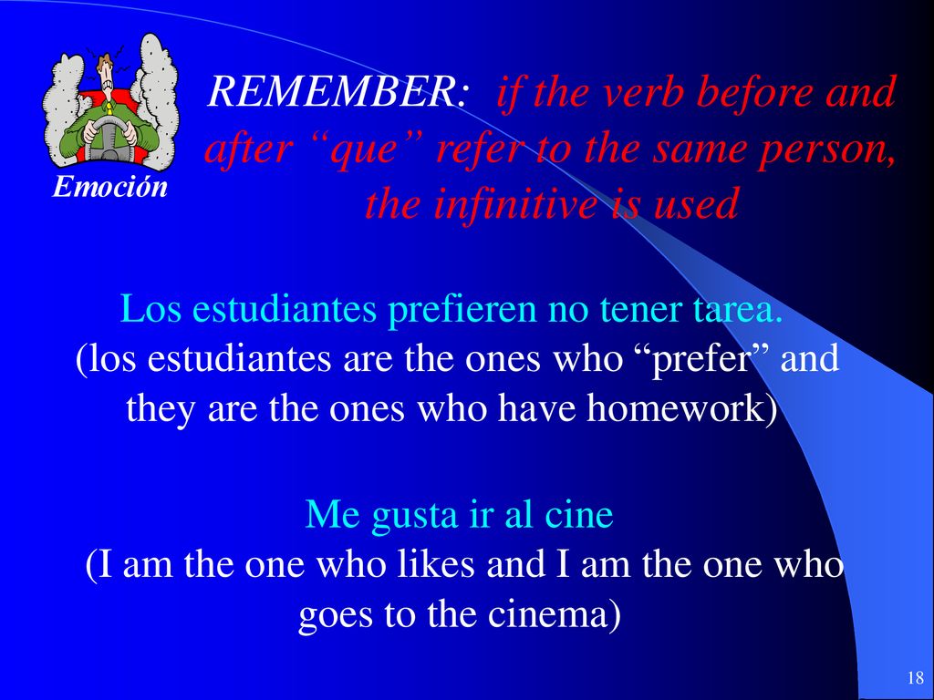 Emoción REMEMBER: if the verb before and after que refer to the same person, the infinitive is used.