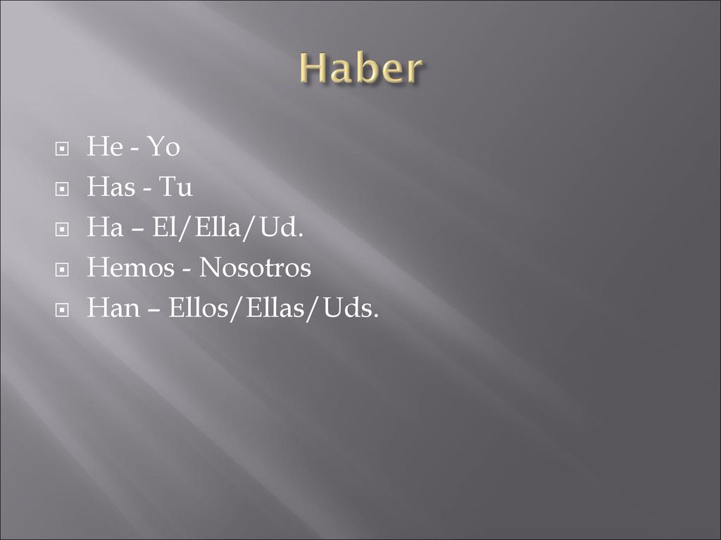 Haber He - Yo Has - Tu Ha – El/Ella/Ud. Hemos - Nosotros