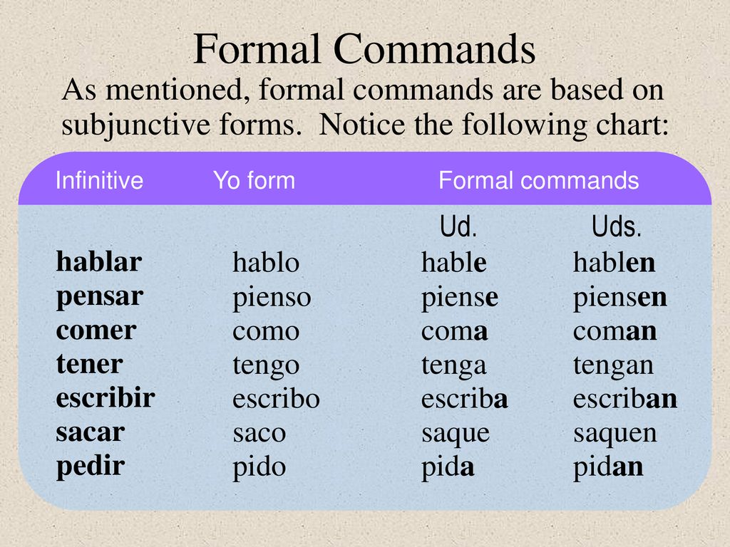 11/16/2018 Formal Commands. As mentioned, formal commands are based on subjunctive forms. Notice the following chart: