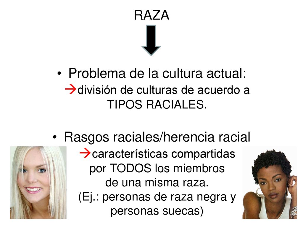 RAZA Problema de la cultura actual: división de culturas de acuerdo a TIPOS RACIALES.