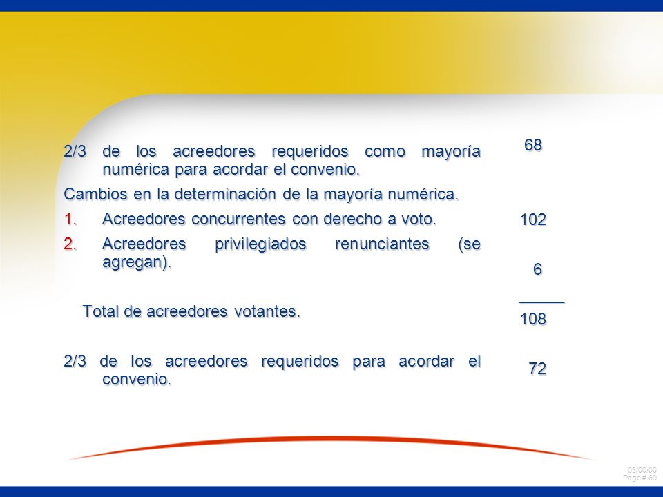 _____ /3 de los acreedores requeridos como mayoría numérica para acordar el convenio.