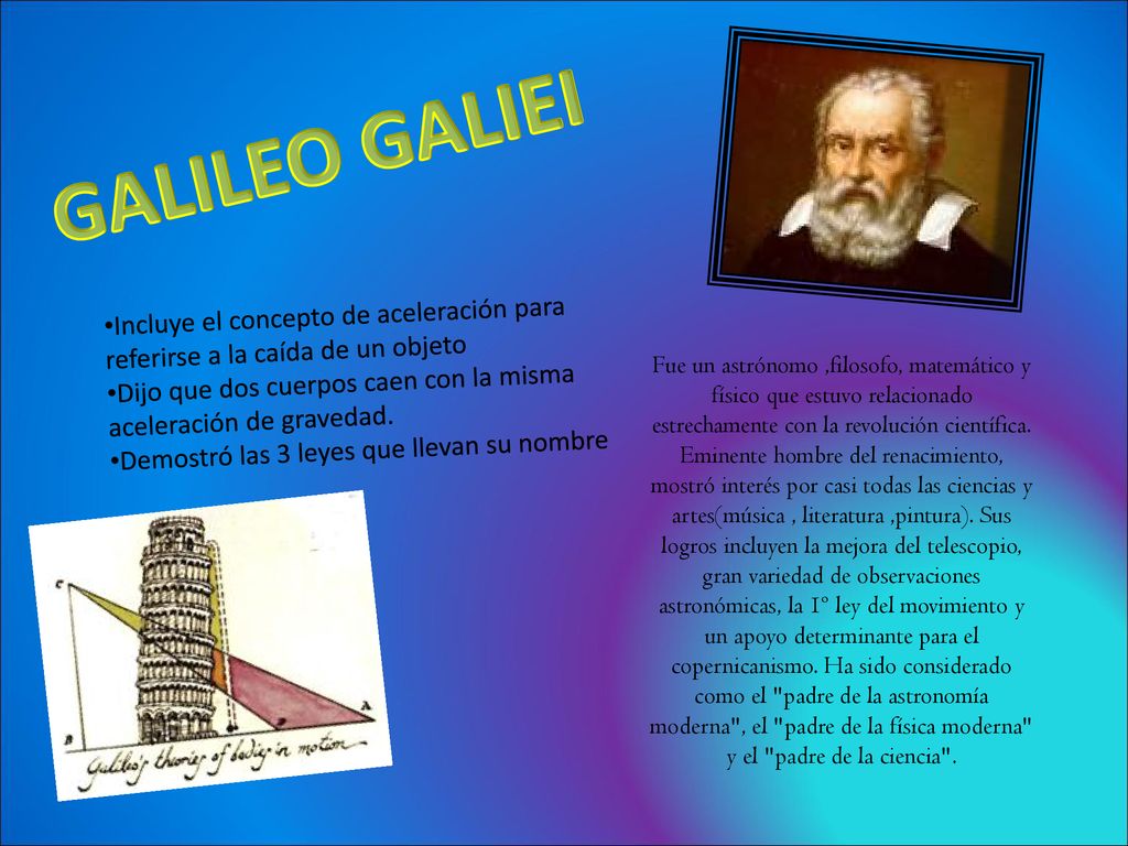 GALILEO GALIEI Incluye el concepto de aceleración para referirse a la caída de un objeto.