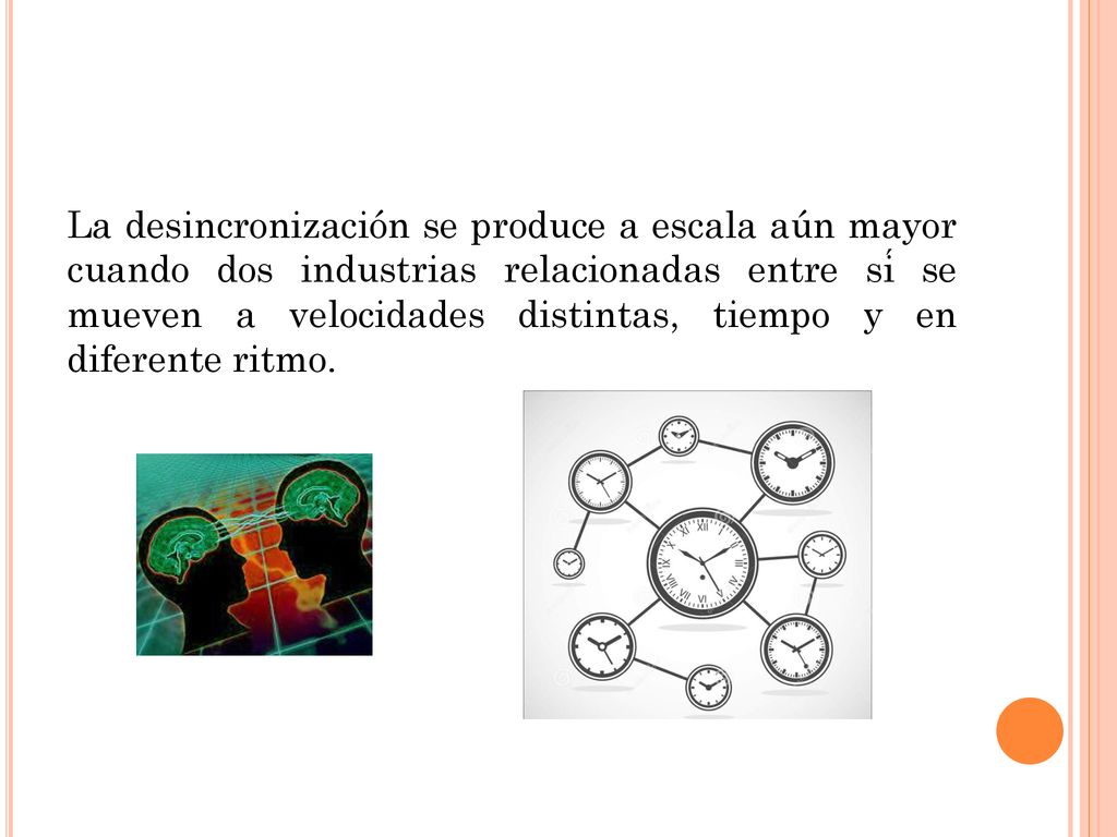 La desincronización se produce a escala aún mayor cuando dos industrias relacionadas entre sí se mueven a velocidades distintas, tiempo y en diferente ritmo.