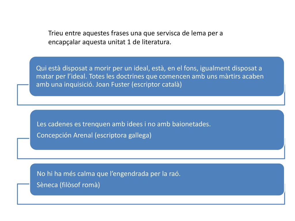 Trieu entre aquestes frases una que servisca de lema per a encapçalar aquesta unitat 1 de literatura.